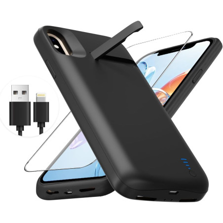 Coque de protection pour iPhone X/XS, 6000 mAh, fine et rechargeable - Coque de charge étendue avec support - Coque de protectio
