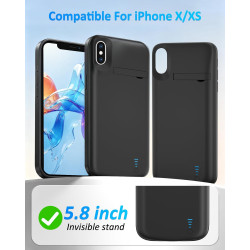Coque de protection pour iPhone X/XS, 6000 mAh, fine et rechargeable - Coque de charge étendue avec support - Coque de protectio