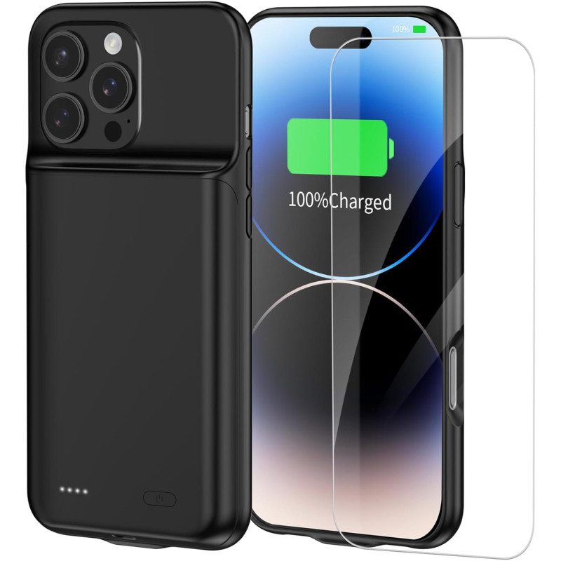 Coque de chargement de batterie 13800 mAh pour iPhone 14 Pro 6,1", batterie supplémentaire 1,5 x, film protecteur d'écran, noir