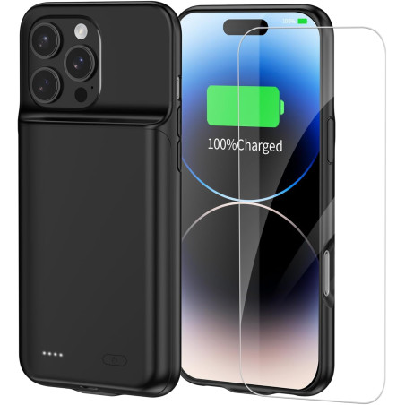 Coque de chargement de batterie 13800 mAh pour iPhone 14 Pro 6,1", batterie supplémentaire 1,5 x, film protecteur d'écran, noir