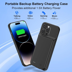 Coque de chargement de batterie 13800 mAh pour iPhone 14 Pro 6,1", batterie supplémentaire 1,5 x, film protecteur d'écran, noir