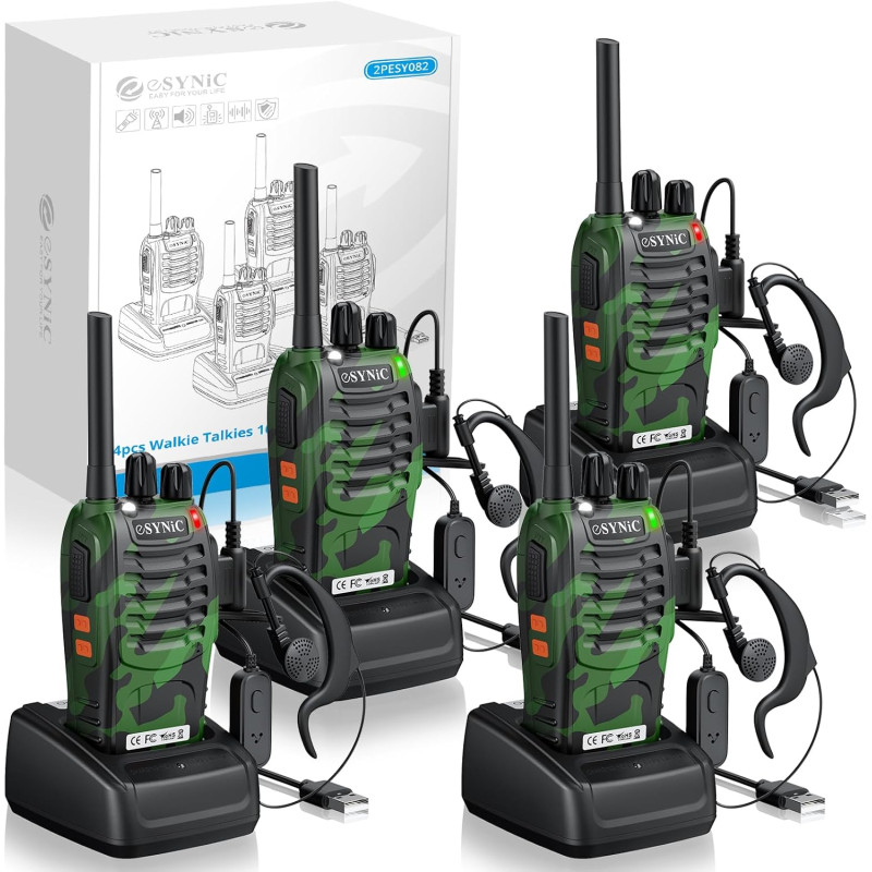 eSynic 4PCS Talkies-Walkies Longue Distance avec Écouteurs Talkie-walkie Rechargeable 16 Canaux PMR446 sans Licence Boîtier Robu