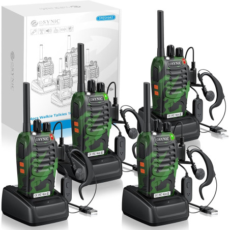 eSynic 4PCS Talkies-Walkies Longue Distance avec Écouteurs Talkie-walkie Rechargeable 16 Canaux PMR446 sans Licence Boîtier Robu