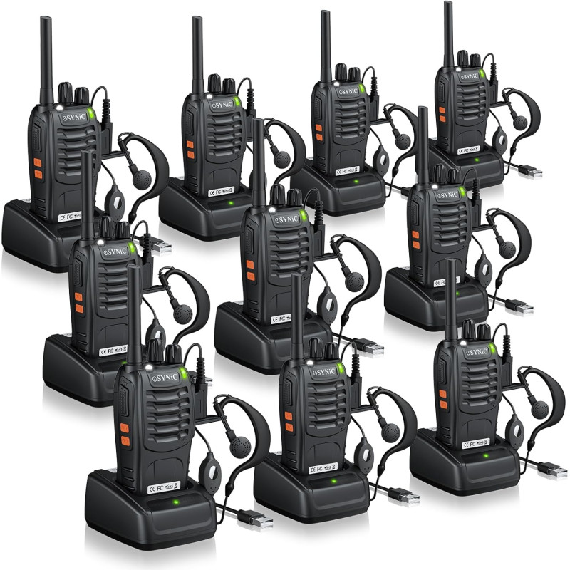 eSynic 10pcs Talkies-Walkies Longue Distance avec Écouteurs Talkie Walkie Professionnel 16 Canaux 1500 mAh avec Chargeur USB Com