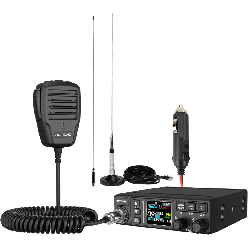 Retevis MB63B CB Radio avec Antenne, NRC Réduit Le Bruit CB Portable, écran Couleur TFT 1,77 Pouce, AM/FM, 12/24 V, Gain RF/MIC,