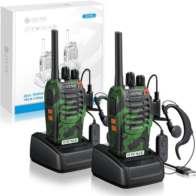 eSynic 2PCS Talkie Walkie Portable Rechargeable avec Écouteurs 16 Canaux PMR446 sans Licence Alerte Batterie Faible Batterie Rec