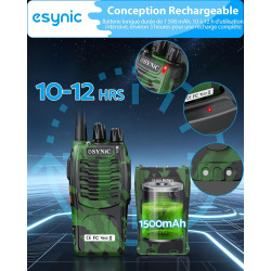 eSynic 2PCS Talkie Walkie Portable Rechargeable avec Écouteurs 16 Canaux PMR446 sans Licence Alerte Batterie Faible Batterie Rec