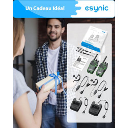 eSynic 2PCS Talkie Walkie Portable Rechargeable avec Écouteurs 16 Canaux PMR446 sans Licence Alerte Batterie Faible Batterie Rec