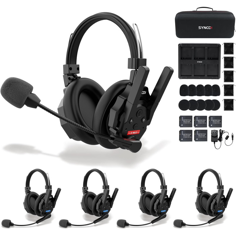 SYNCO XTALK XMax5 Wireless Intercom Casque System, 2.4G Full-Duplex Hands-Free Kommunikation 500m 24h Batterie Noise-Cancelling 