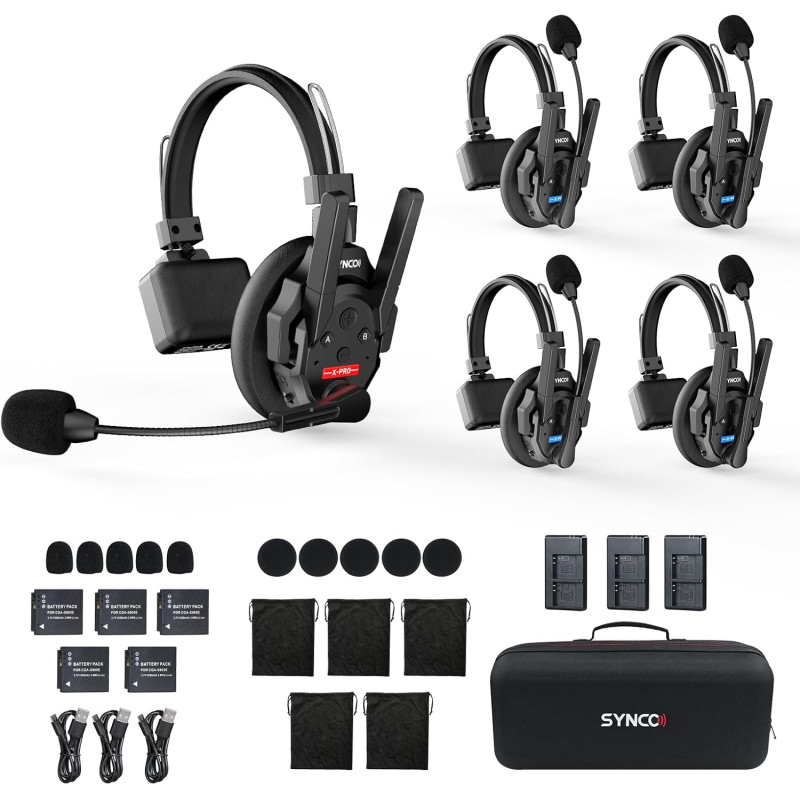 SYNCO Xtalk XPRO5 Casque Intercom Full Duplex Système, 2.4G Casque Communication sans Fil Intercom Système pour Equipe d'Annulat