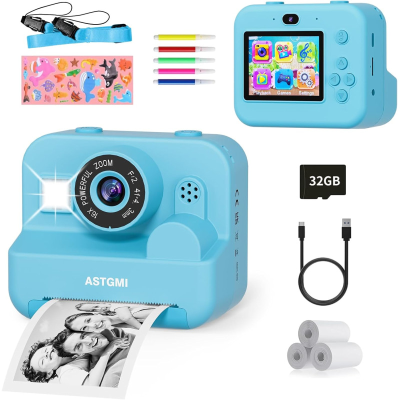 ASTGMI Appareil Photo Instantané, 2.4" Écran Appareil Photo Enfant avec Papier d'impression et Carte 32GB, Mode Selfie et Video,