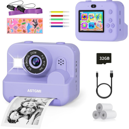 ASTGMI Appareil Photo Instantané, 2.4" Écran Appareil Photo Enfant avec Papier d'impression et Carte 32GB, Mode Selfie et Video,