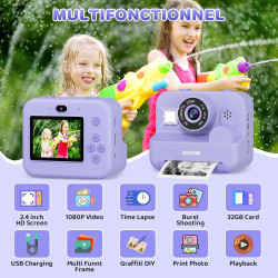ASTGMI Appareil Photo Instantané, 2.4" Écran Appareil Photo Enfant avec Papier d'impression et Carte 32GB, Mode Selfie et Video,
