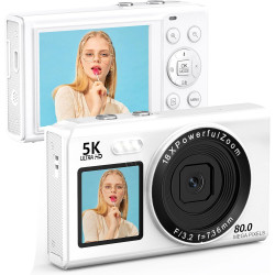 Appareil Photo numérique 5K 80 MP avec écran LCD 2,4" et écran Selfie 1,5", Zoom numérique 18x, Carte TF 32 Go, Appareil Photo C