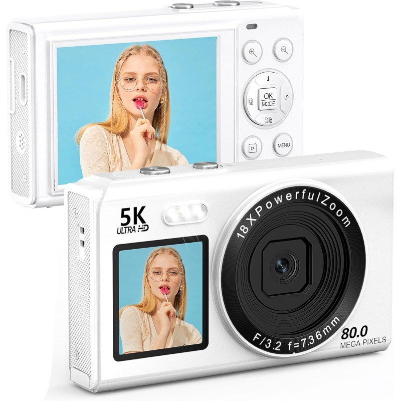 Appareil Photo numérique 5K 80 MP avec écran LCD 2,4" et écran Selfie 1,5", Zoom numérique 18x, Carte TF 32 Go, Appareil Photo C