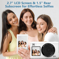 Appareil Photo numérique 5K 80 MP avec écran LCD 2,4" et écran Selfie 1,5", Zoom numérique 18x, Carte TF 32 Go, Appareil Photo C