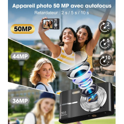 Appareil Photo Numérique 50MP 1080P, Compact Appareil Photo avec Carte 32Go, Écran 2,4”, Zoom Numérique 16X, Mini Camera Vlog po