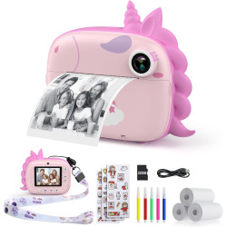 HiMont Appareil Photo Numérique Instantané,avec Papier d'impression & Carte TF 32G, Caméra Vidéo avec Stylos Colorés pour Le Bri