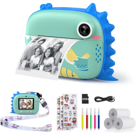 HiMont Appareil Photo Instantané Enfants, Numérique avec Papier d'impression & Carte TF 32G, Caméra Vidéo avec Stylos Colorés po