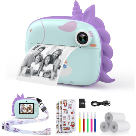HiMont Appareil Photo Instantané Numérique avec Papier d'impression & Carte TF 32G, Caméra Vidéo avec Stylos Colorés pour Le Bri