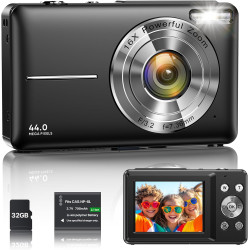 Appareil Photo Numérique 1080P 44MP Caméra Vlogging pour Enfants Ados, FHD Compact Portable avec Écran 2,4" Zoom 16X, Mini Camér
