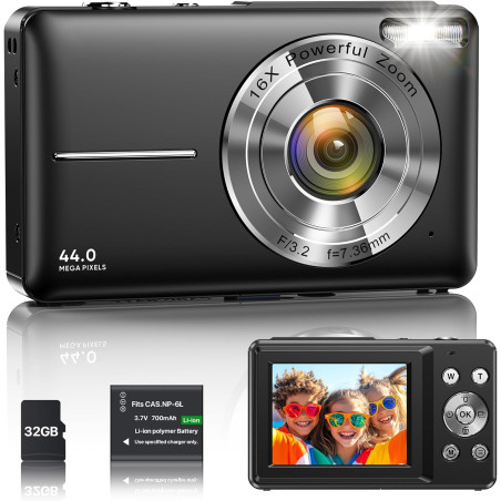 Appareil Photo Numérique 1080P 44MP Caméra Vlogging pour Enfants Ados, FHD Compact Portable avec Écran 2,4" Zoom 16X, Mini Camér