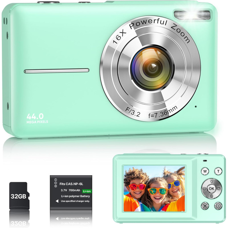 Appareil Photo Numérique 1080P 44MP Caméra Vlogging pour Enfants Ados, FHD Compact Portable avec Écran 2,4" Zoom 16X, Mini Camér