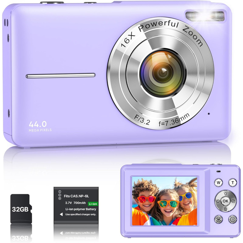 Appareil Photo Numérique 1080P 44MP Caméra Vlogging pour Enfants Ados, FHD Compact Portable avec Écran 2,4" Zoom 16X, Mini Camér