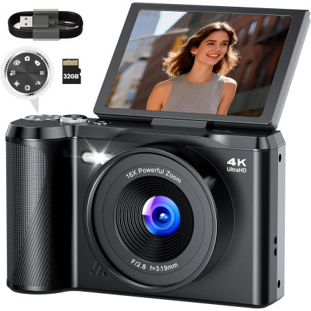 Appareil Photo Numérique 4K Digital: 56MP Appareils Numérique avec molette de Mode Écran Rabattable 180° - Camera pour Vlog avec