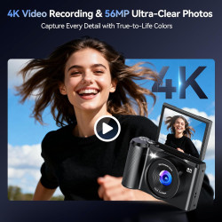 Appareil Photo Numérique 4K Digital: 56MP Appareils Numérique avec molette de Mode Écran Rabattable 180° - Camera pour Vlog avec