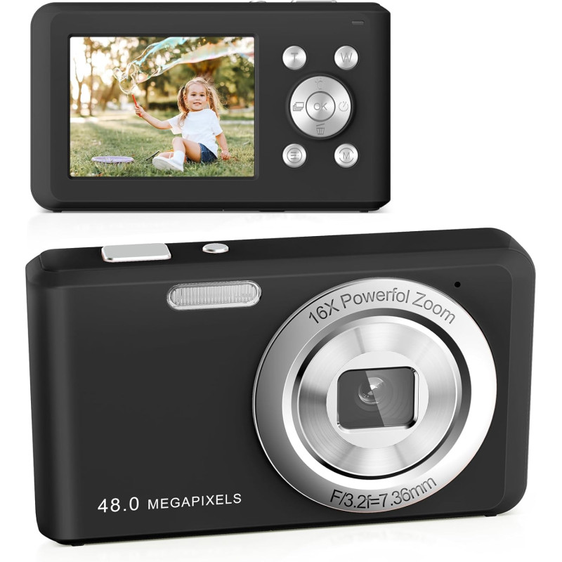 Appareil Photo Numérique, HD 1080P avec Carte Mémoire 32 Go, Appareil Photo 48 Mégapixels, écran LCD 2,4 Pouces, Zoom Numérique 