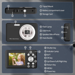 Appareil Photo Numérique, HD 1080P avec Carte Mémoire 32 Go, Appareil Photo 48 Mégapixels, écran LCD 2,4 Pouces, Zoom Numérique 