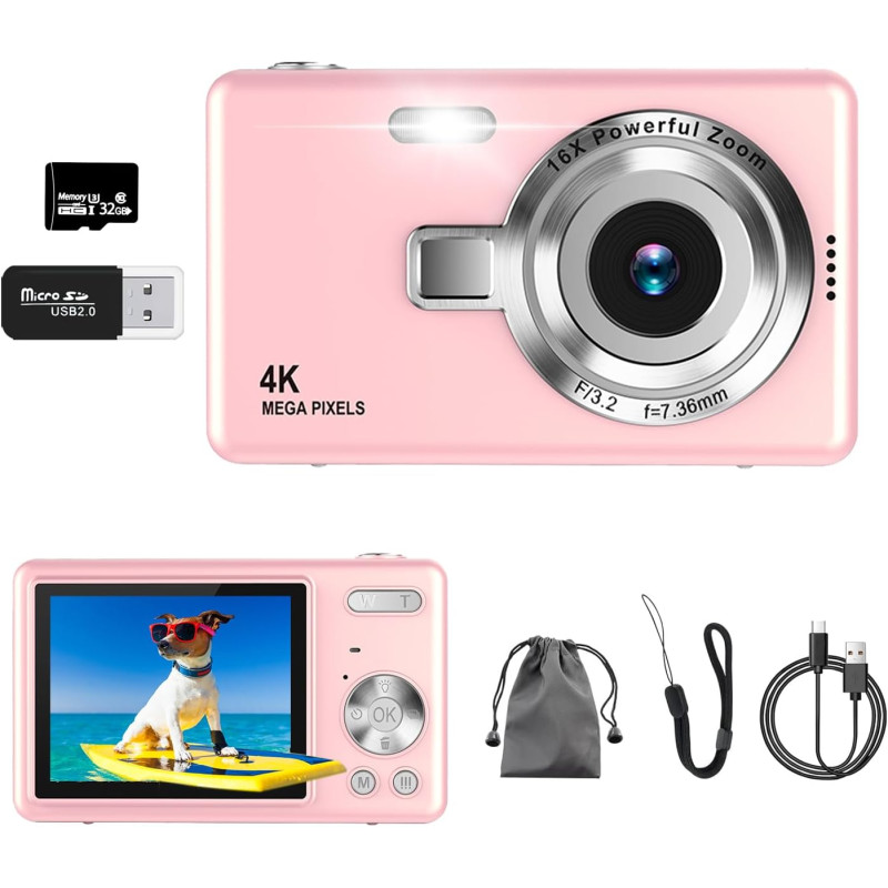 Appareil Photo Numérique, 4K Autofocus 50MP Appareil Photo Enfant, Zoom 16X, Flash, Anti-Shake, Appareils Photo Numériques Compa