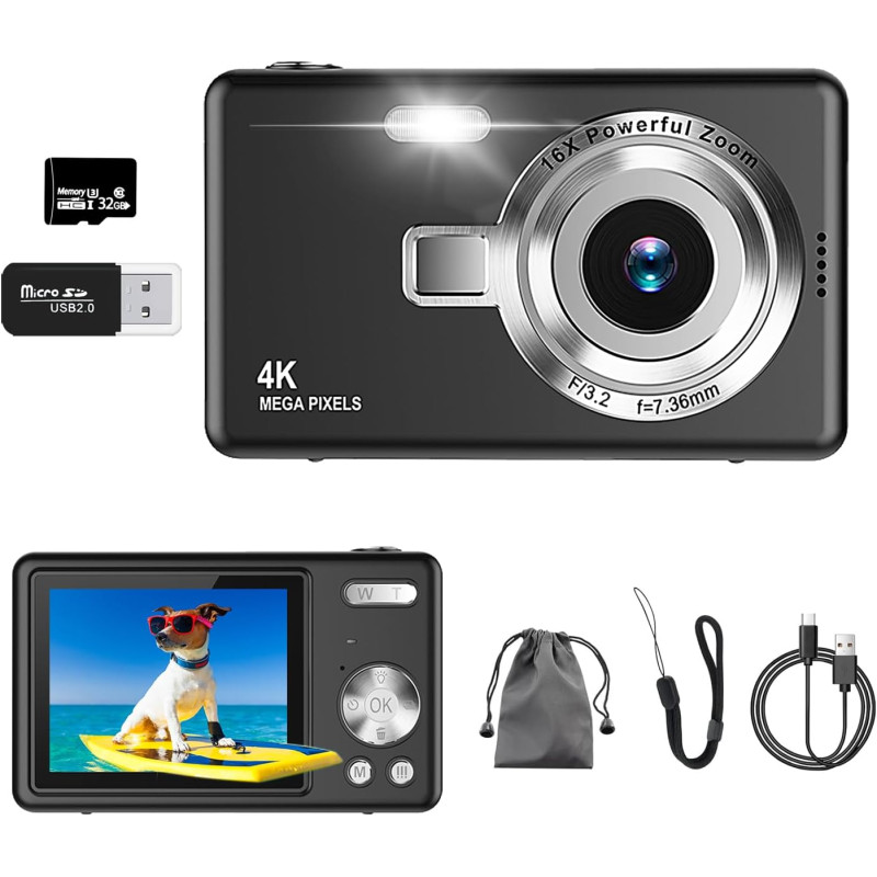 Appareil Photo Numérique, 4K Autofocus 50MP Appareil Photo Enfant, Zoom 16X, Flash, Anti-Shake, Appareils Photo Numériques Compa