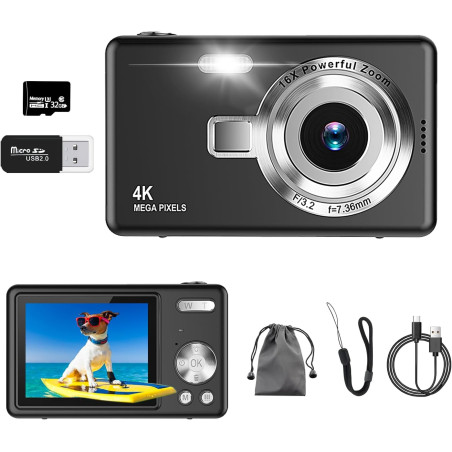 Appareil Photo Numérique, 4K Autofocus 50MP Appareil Photo Enfant, Zoom 16X, Flash, Anti-Shake, Appareils Photo Numériques Compa