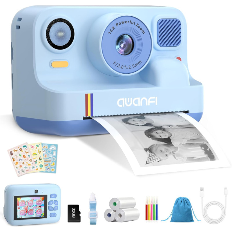 Appareil photo instantané enfant cadeau jouet fille garçon 3-12 ans, awanfi caméra numérique vidéo 1080p carte 32gb avec 3 roule