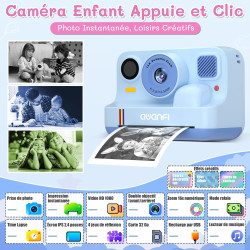 Appareil photo instantané enfant cadeau jouet fille garçon 3-12 ans, awanfi caméra numérique vidéo 1080p carte 32gb avec 3 roule