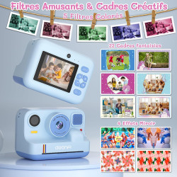 Appareil photo instantané enfant cadeau jouet fille garçon 3-12 ans, awanfi caméra numérique vidéo 1080p carte 32gb avec 3 roule