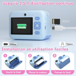 Appareil photo instantané enfant cadeau jouet fille garçon 3-12 ans, awanfi caméra numérique vidéo 1080p carte 32gb avec 3 roule