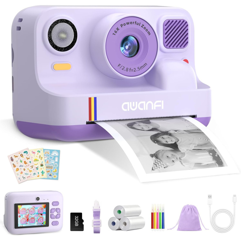 Appareil photo instantané enfant cadeau jouet fille garçon 3-12 ans, awanfi caméra numérique vidéo 1080p carte 32gb avec 3 roule