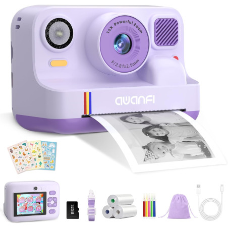 Appareil photo instantané enfant cadeau jouet fille garçon 3-12 ans, awanfi caméra numérique vidéo 1080p carte 32gb avec 3 roule