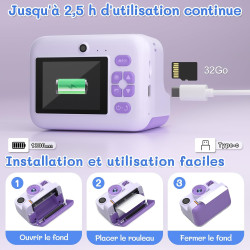 Appareil photo instantané enfant cadeau jouet fille garçon 3-12 ans, awanfi caméra numérique vidéo 1080p carte 32gb avec 3 roule
