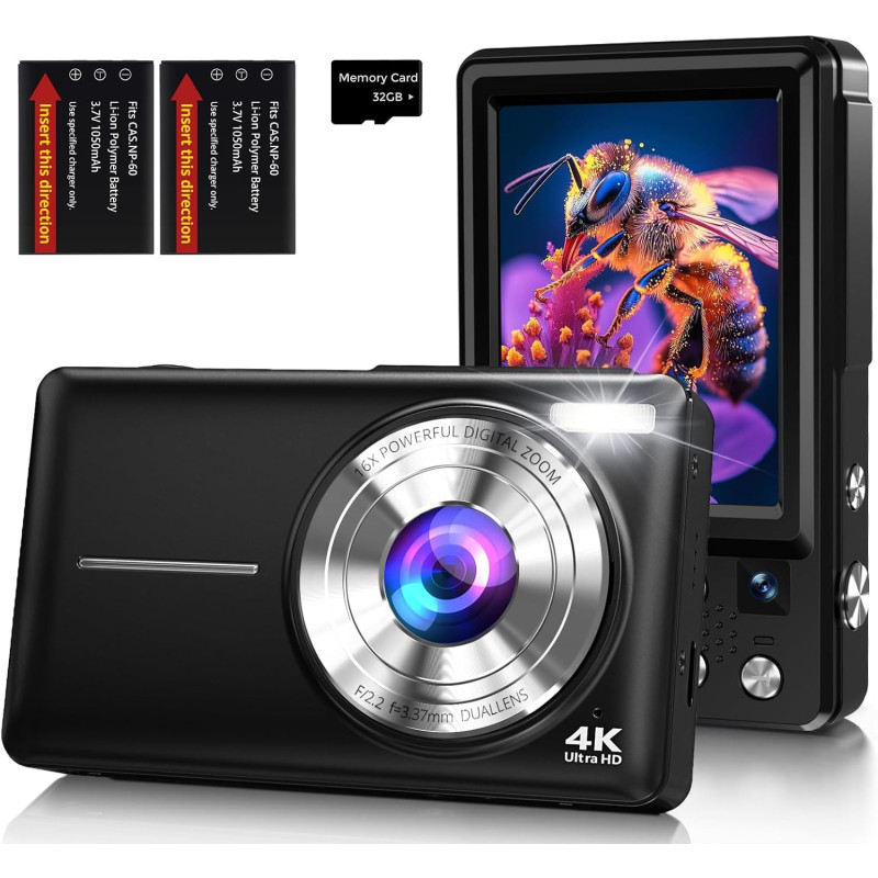 Appareil Photo Numérique 4K 64MP Appareil Photo Compact avec Double Caméra, Autofocus, Écran IPS 2,8", Zoom Numérique 16X, Anti-