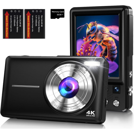Appareil Photo Numérique 4K 64MP Appareil Photo Compact avec Double Caméra, Autofocus, Écran IPS 2,8", Zoom Numérique 16X, Anti-
