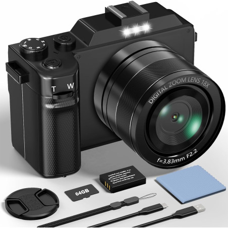 Appareil Photo Numérique, 5K 64MP Digital Camera avec Carte 64GB WiFi, Autofocus Appareil Photo Compact LCD Écran 3'' Selfie Cam