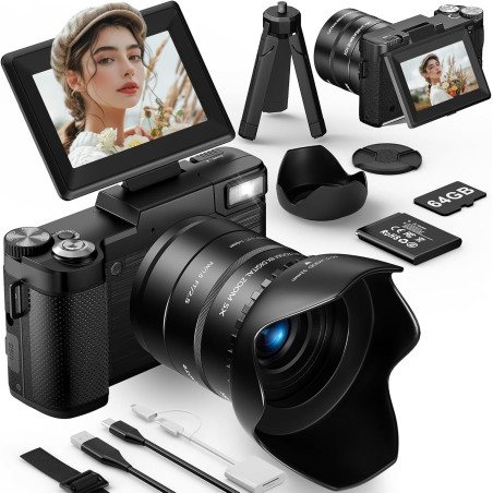 LONGYI 6K 75MP Appareil Photo Numérique Zoom Optique 8X & Trépied, Carte 64GB, Camera Vlog Écran Rabattable 180° Selfie, Lecteur