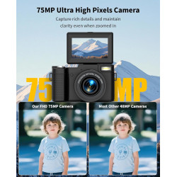 LONGYI 6K 75MP Appareil Photo Numérique Zoom Optique 8X & Trépied, Carte 64GB, Camera Vlog Écran Rabattable 180° Selfie, Lecteur