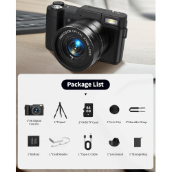 LONGYI 6K 75MP Appareil Photo Numérique Zoom Optique 8X & Trépied, Carte 64GB, Camera Vlog Écran Rabattable 180° Selfie, Lecteur