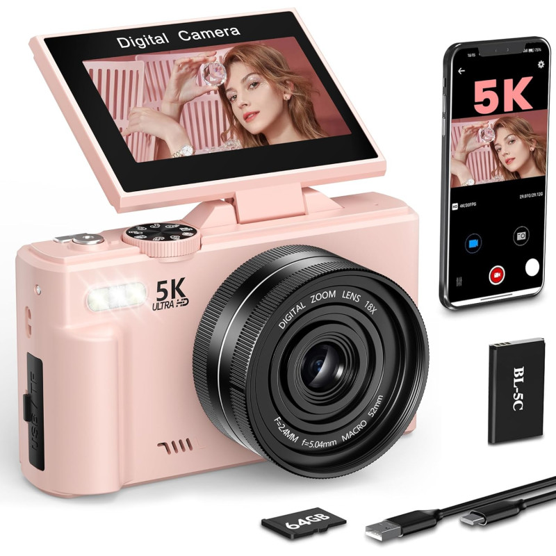 Longyi Appareil Photo Numérique, 5K 75MP Appareil Photo pour Vlogging avec WiFi, Carte de 64GB, Écran LCD de 3,0" Rotatif de 180