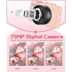 Longyi Appareil Photo Numérique, 5K 75MP Appareil Photo pour Vlogging avec WiFi, Carte de 64GB, Écran LCD de 3,0" Rotatif de 180